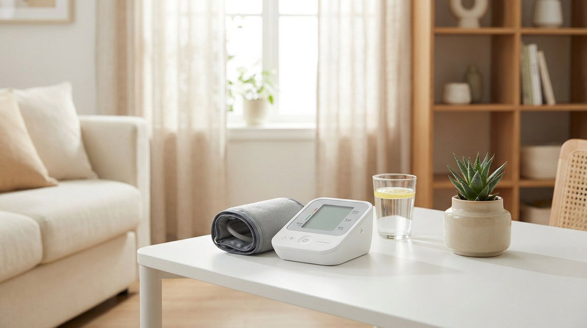 A digital blood pressure monitor placed on a clean white home surface beside a glass of water and a small green plant in soft natural light.