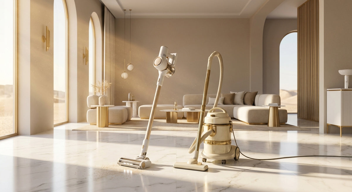 A cordless and a corded vacuum cleaner displayed side by side on a marble floor in a bright, modern living room with warm sunlight highlighting fine dust particles in the air.