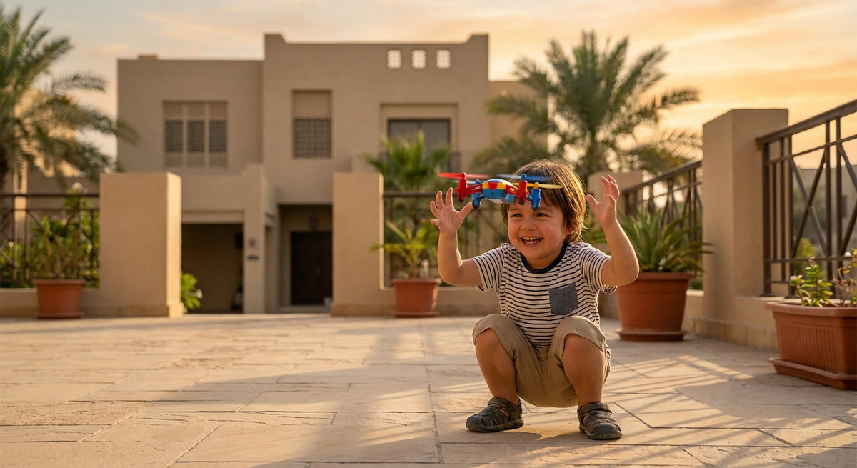 A happy child playing outdoors with a small colorful toy drone hovering in front of them in a sunlit residential setting.