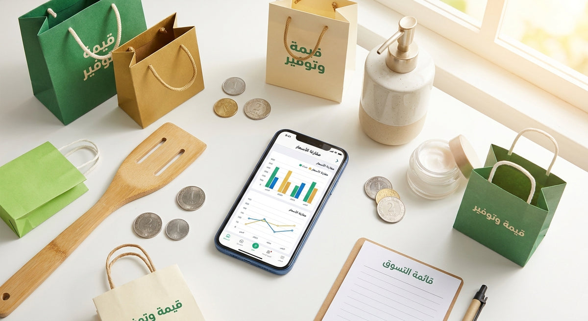 A flat lay of a smartphone showing price comparison charts surrounded by shopping bags, household products, and Saudi riyal coins on a clean white surface.