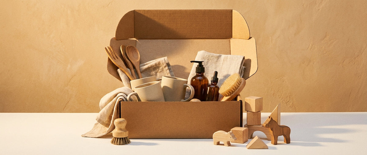 An open cardboard delivery box filled with assorted household products, toys, and beauty items arranged neatly on a white surface in warm golden light.