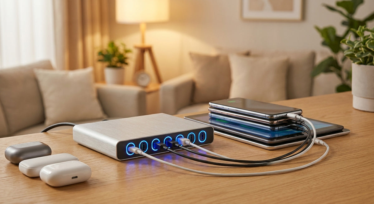 A compact multi-port USB charger on a wooden desk simultaneously charging multiple smartphones, a tablet, and wireless earbuds in a warmly lit home setting.