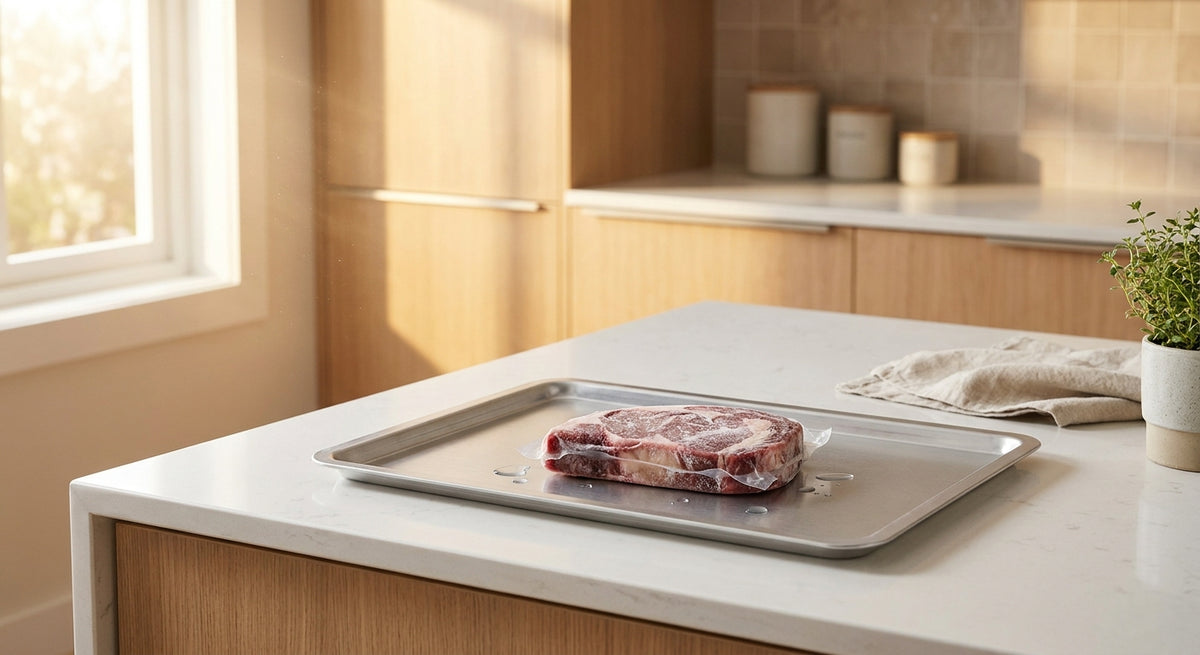 A silver metal defrosting tray with a piece of frozen meat thawing on a clean white kitchen countertop in a bright modern kitchen.