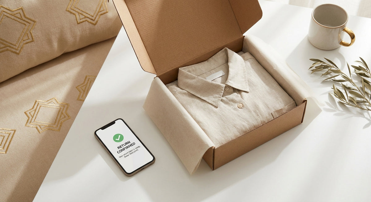 A cardboard return shipping box with a product inside placed next to a smartphone showing a return confirmation, on a clean white surface with warm gold accents.